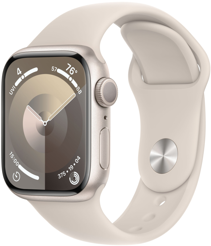 Фото Apple Watch Series 9, 45 мм, корпус из алюминия цвета «Сияющая звезда», спортивный ремешок, размер S/M Фото Apple Watch Series 9, 45 мм, корпус из алюминия цвета «Сияющая звезда», спортивный ремешок, размер S/M
