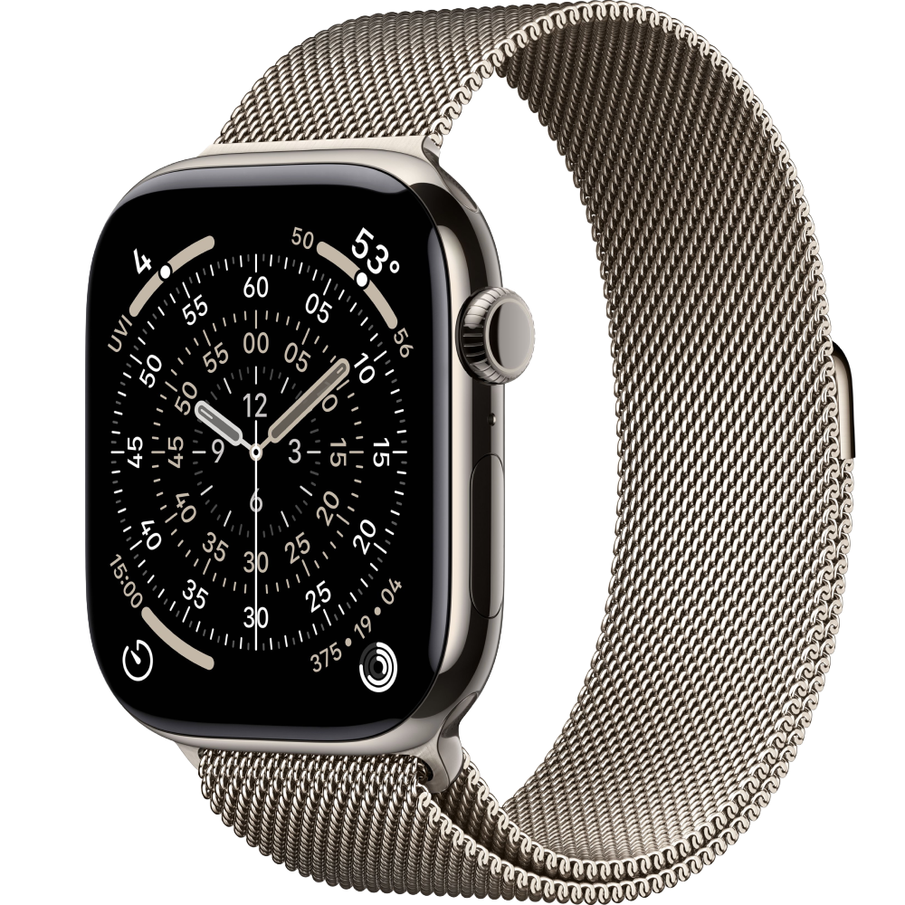 Фото Apple Watch Series 11, 46 мм, корпус из титана цвета «натуральный титан», ремешок Milanese титанового цвета, размер M/L Фото Apple Watch Series 11, 46 мм, корпус из титана цвета «натуральный титан», ремешок Milanese титанового цвета, размер M/L