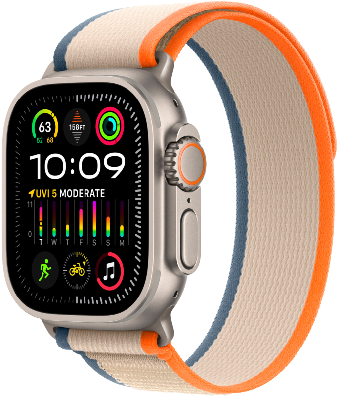 Фото Apple Watch Ultra 2 GPS + Cellular, 49 мм, корпус из титана, ремешок Trail цвет Оранжево/бежевый, M/L На фото изображено Apple Watch Ultra 2 GPS + Cellular, 49 мм, корпус из титана, ремешок Trail цвет Оранжево/бежевый, M/L