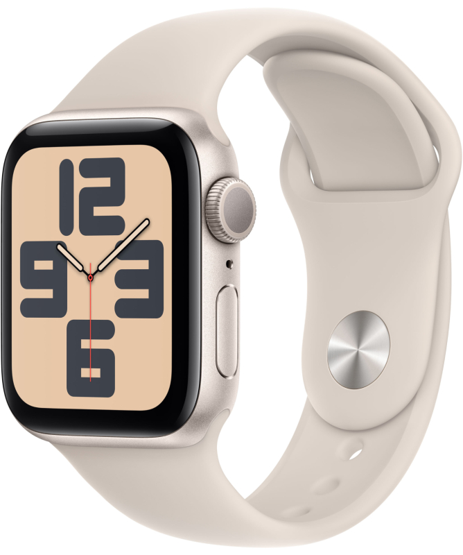 Фото Apple Watch SE 2024, 40 мм, корпус из алюминия цвета «Сияющая звезда», спортивный ремешок, размер M/L На фото изображено Apple Watch SE 2024, 40 мм, корпус из алюминия цвета «Сияющая звезда», спортивный ремешок, размер M/L