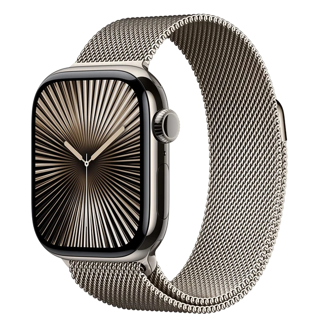 Фото Apple Watch Series 10, 42 мм, корпус из титана цвета «натуральный титан», ремешок Milanese титанового цвета На фото изображено Apple Watch Series 10, 42 мм, корпус из титана цвета «натуральный титан», ремешок Milanese титанового цвета