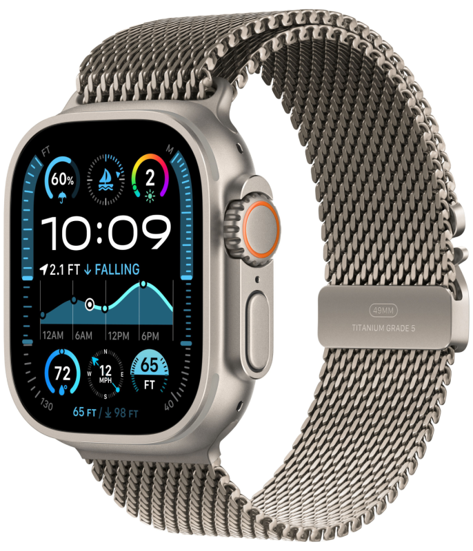 Фото Apple Watch Ultra 2 GPS + Cellular, 49 мм, корпус из бежевого титана, ремешок Milanese бежевого цвета, зазмер M Фото Apple Watch Ultra 2 GPS + Cellular, 49 мм, корпус из бежевого титана, ремешок Milanese бежевого цвета, зазмер M