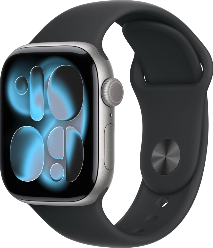 Фото Apple Watch Series 11, 42 мм, корпус из алюминия цвета «Серый космос», спортивный ремешок, размер S/M На фото изображено Apple Watch Series 11, 42 мм, корпус из алюминия цвета «Серый космос», спортивный ремешок, размер S/M